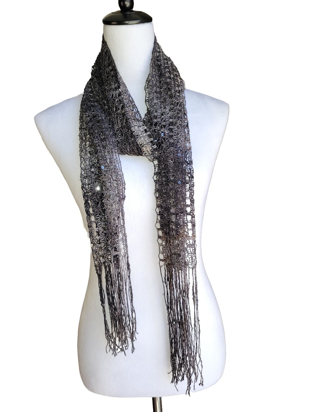 Chic Black, Gray & Silver Sequin Mesh Scarf With Fringe Tassels Gothic Witchy